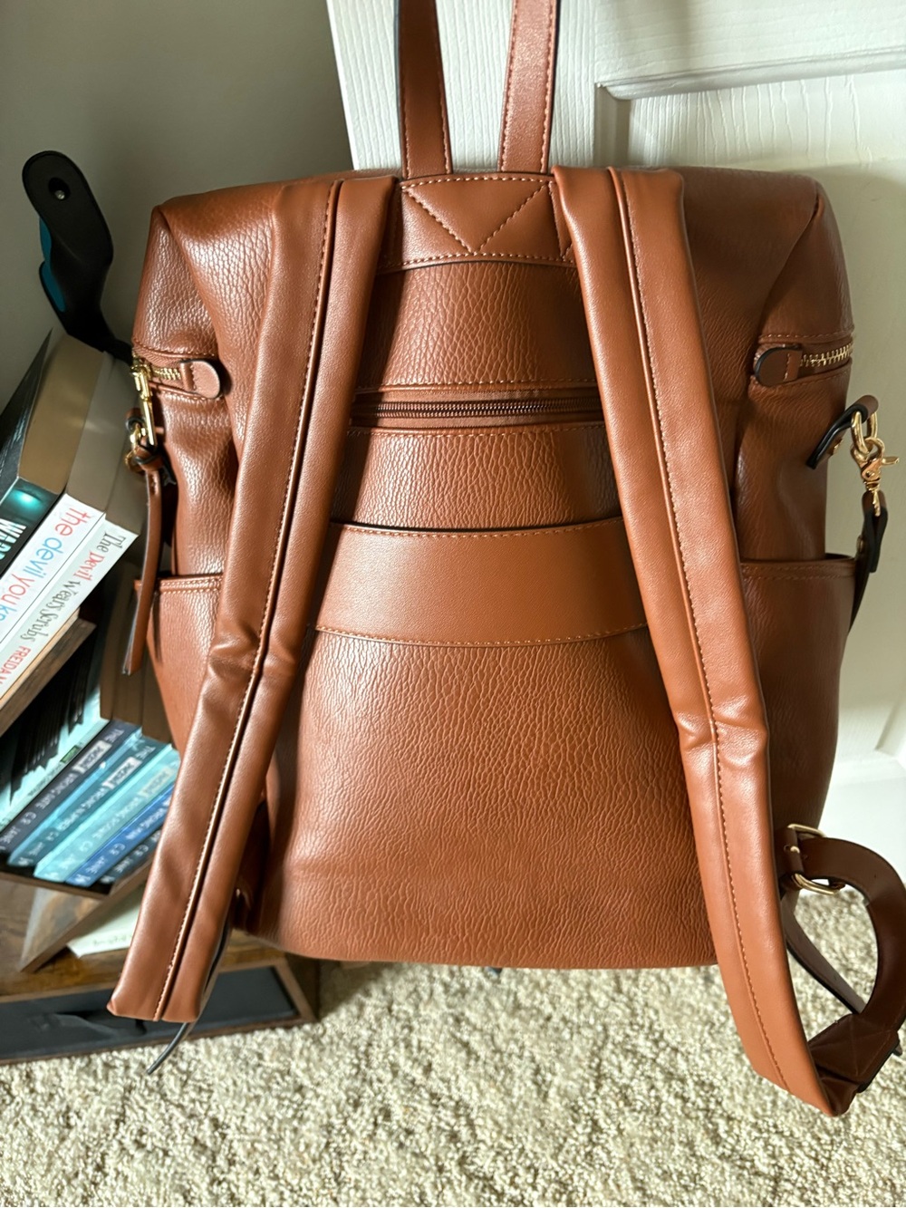 Poppy & Peonies Cognac Leather Convertible Backpack Tote - Picture 2 of 4